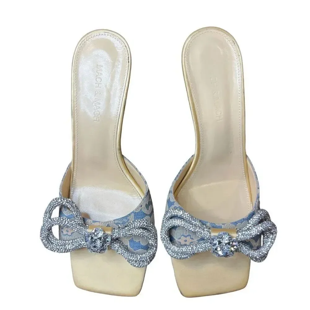Mach & Mach Double Bow Floral Embroidered Square Toe Sandal NWOB Size 39 1/2/ 9